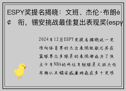 ESPY奖提名揭晓：文班、杰伦·布朗领衔，锡安挑战最佳复出表现奖(espy奖项)