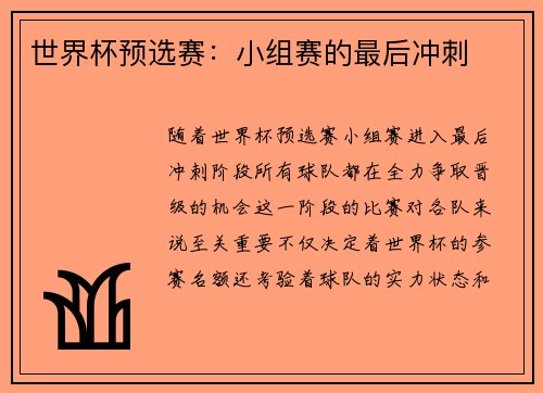 世界杯预选赛：小组赛的最后冲刺