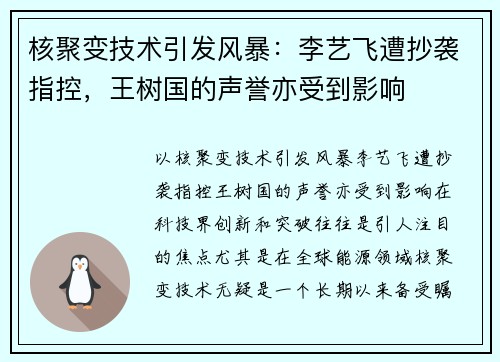 核聚变技术引发风暴：李艺飞遭抄袭指控，王树国的声誉亦受到影响