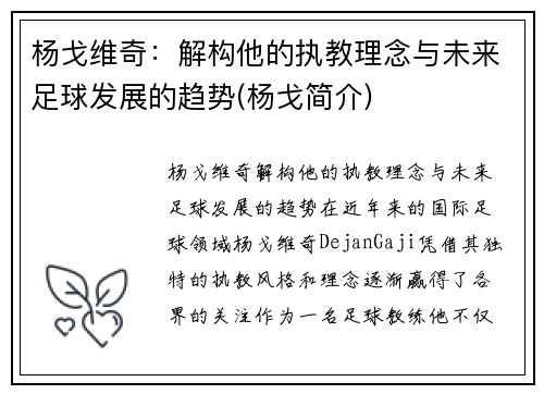杨戈维奇：解构他的执教理念与未来足球发展的趋势(杨戈简介)