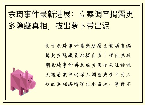 余琦事件最新进展：立案调查揭露更多隐藏真相，拔出萝卜带出泥