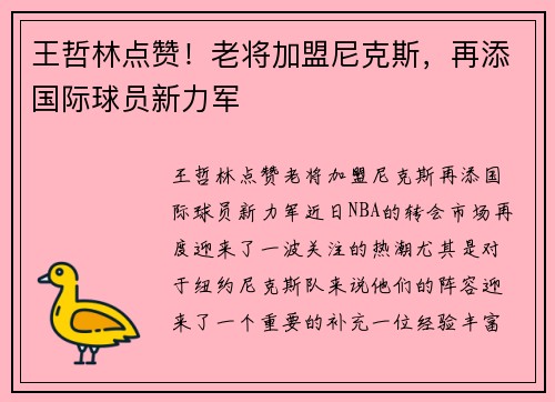 王哲林点赞！老将加盟尼克斯，再添国际球员新力军