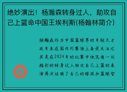 绝妙演出！杨瀚森转身过人，助攻自己上篮命中国王埃利斯(杨翰林简介)