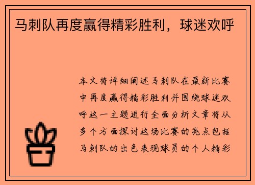 马刺队再度赢得精彩胜利，球迷欢呼