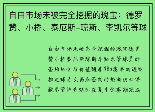 自由市场未被完全挖掘的瑰宝：德罗赞、小桥、泰厄斯-琼斯、李凯尔等球员的签约机会与价值