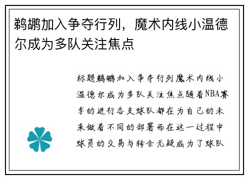 鹈鹕加入争夺行列，魔术内线小温德尔成为多队关注焦点